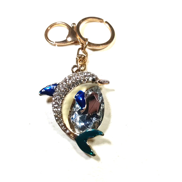 Jumping Dolphin Rhinestone Keychain Gold Tone Clear Blue Ocean Beach - Picture 4 of 5
